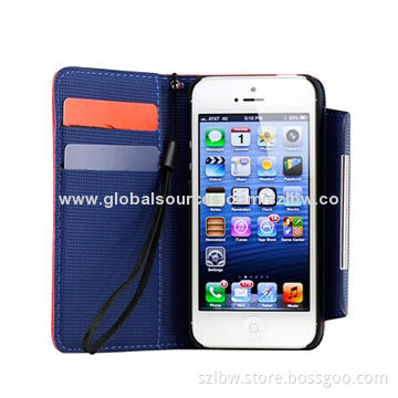Hot Pink PU Leather Card Folding Flip Blue Sides Wallet Case for iPhone 5 5S, with Wrist Strap